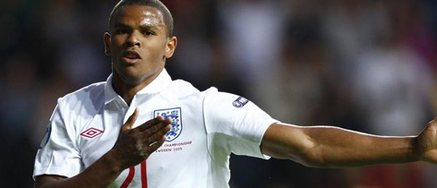 Fraizer Campbell celebrates scoring the opening goal against Spain in Euro 2009.